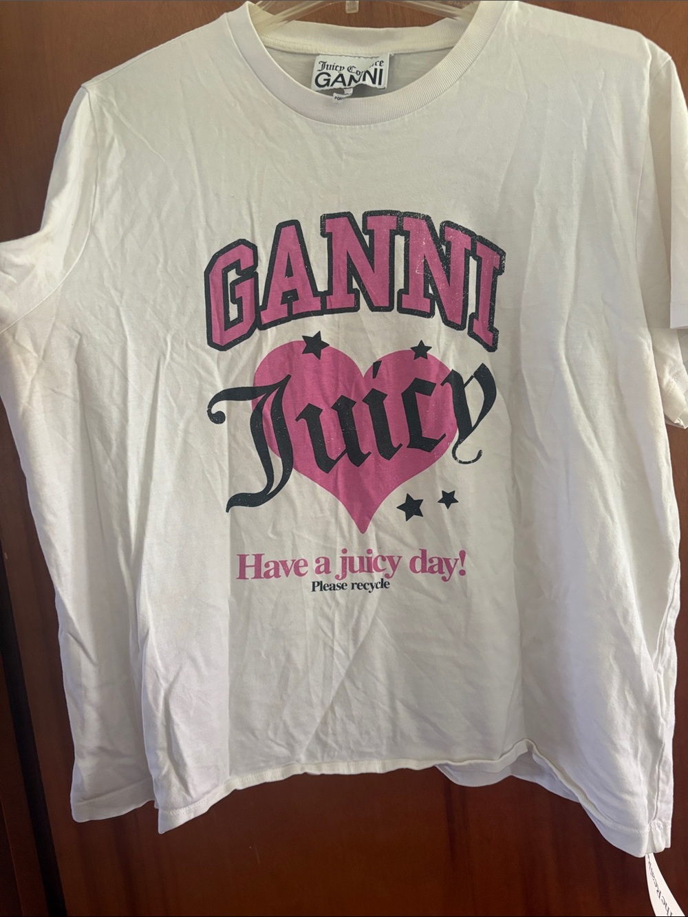 Ganni White Tee with Pink Heart & Black Logo